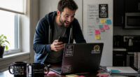 Remote cybersecurity analyst working from home monitoring cybersecurity threats and network security alerts.