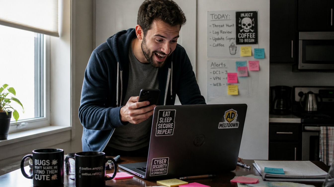 Remote cybersecurity analyst working from home monitoring cybersecurity threats and network security alerts.