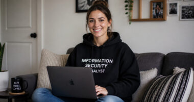 Information security analyst working remotely from home protecting business systems and sensitive information.