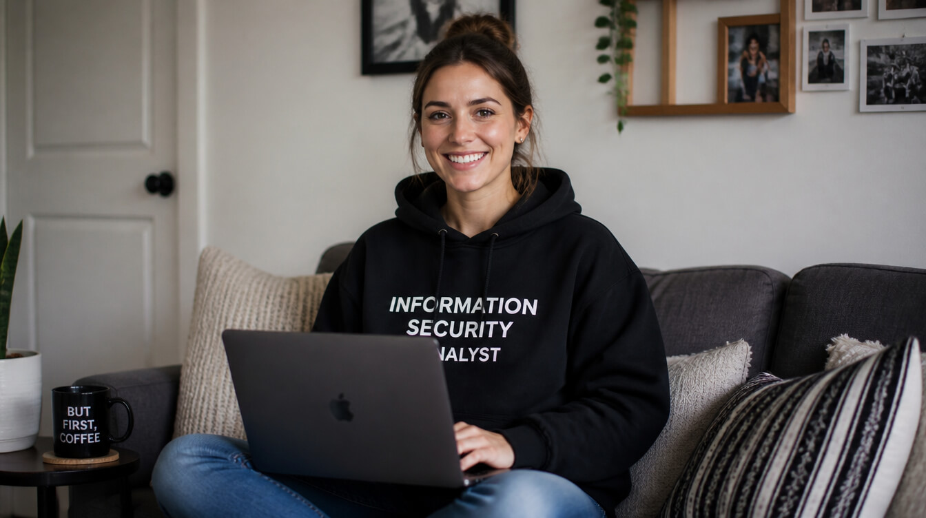 Information security analyst working remotely from home protecting business systems and sensitive information.