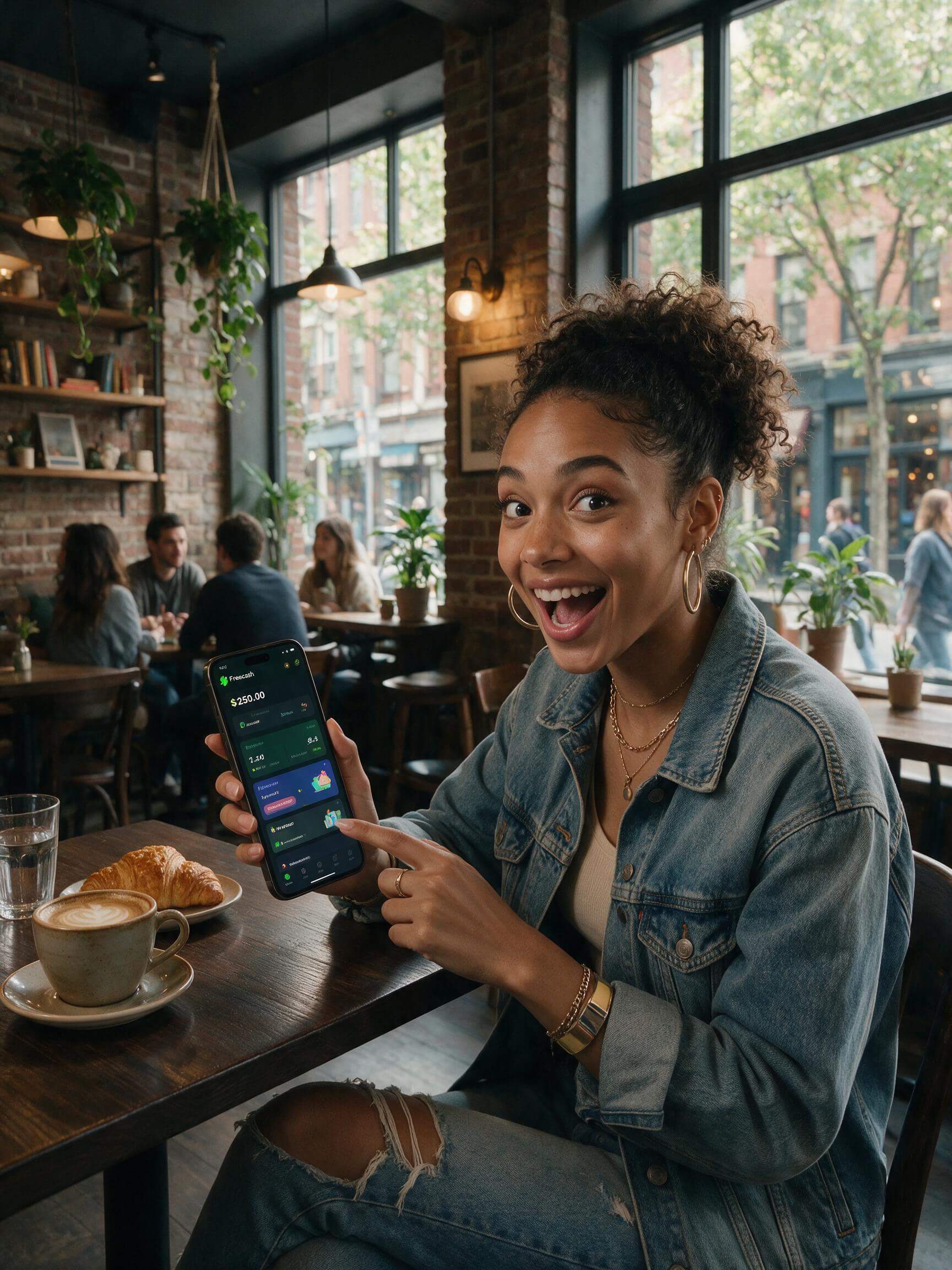 Young woman in a denim jacket shows a smartphone screen with an app at a cafe table, croissant and coffee nearby.