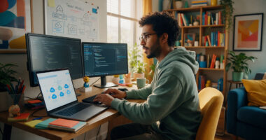 Remote cloud security engineer working from home securing AWS and Azure cloud infrastructure.