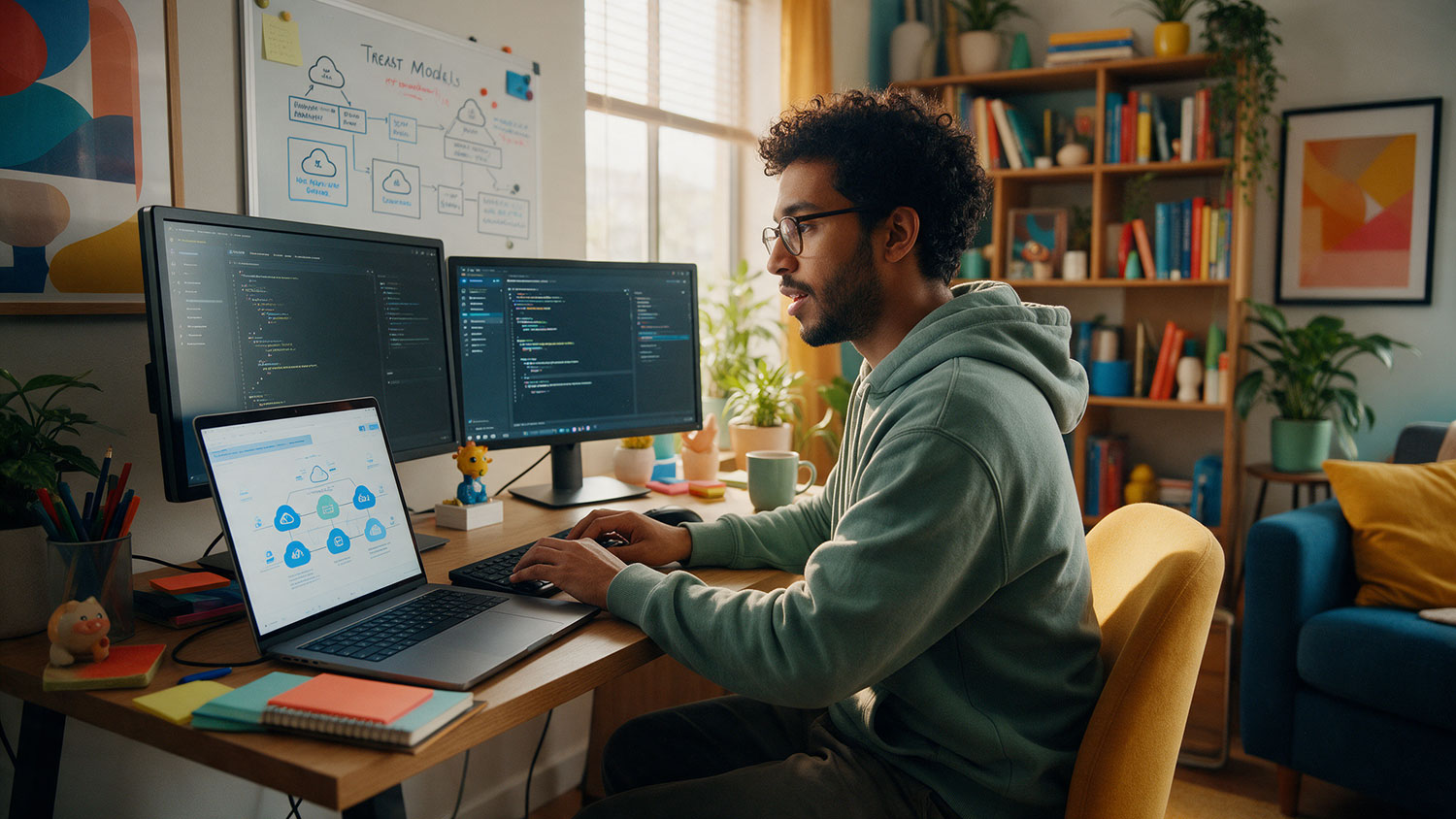 Remote cloud security engineer working from home securing AWS and Azure cloud infrastructure.