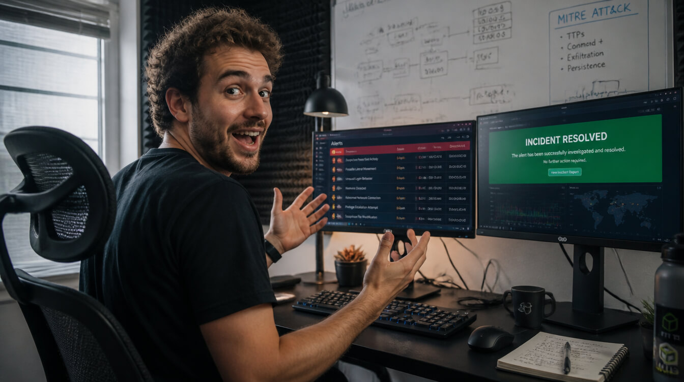 Remote SOC analyst working from home monitoring SIEM security alerts and investigating cyber threats.